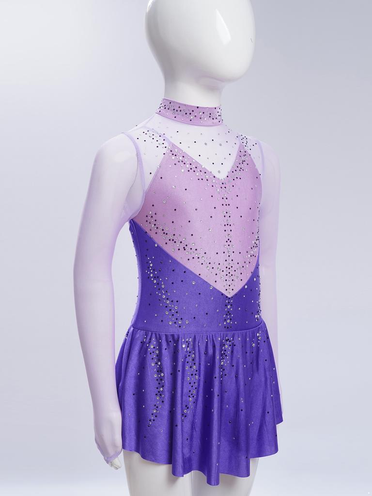 Jenter Skøytekjoler Dansedrakter Mock Neck Langermet Fargeblokk Gjennomsiktig Mesh Patchwork Skinnende Rhinestones Kjole
