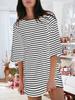 Women's Cotton Striped Mini Dress 3/4 Sleeve Loose Fit with Side Pockets