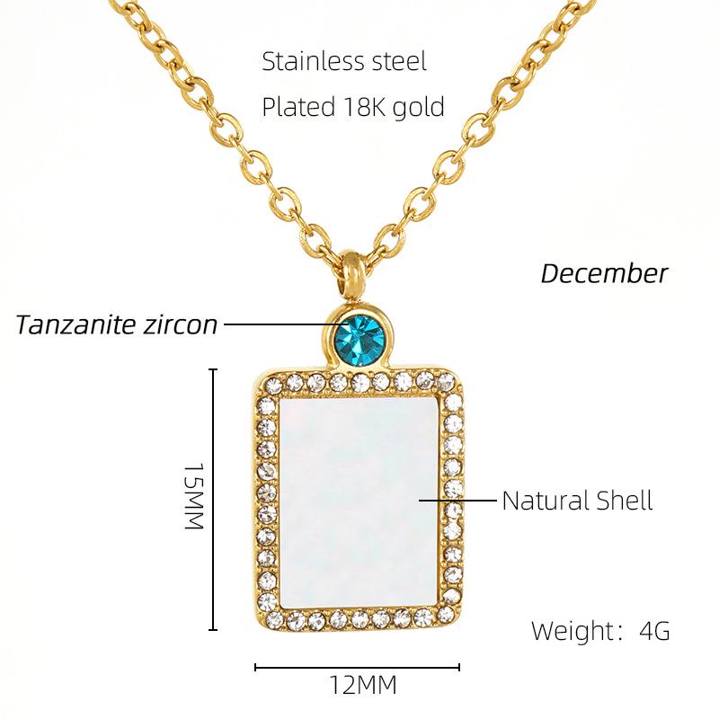 18K Titanium Steel Birthstone Pendant Necklace with Square Shell Design for Women
