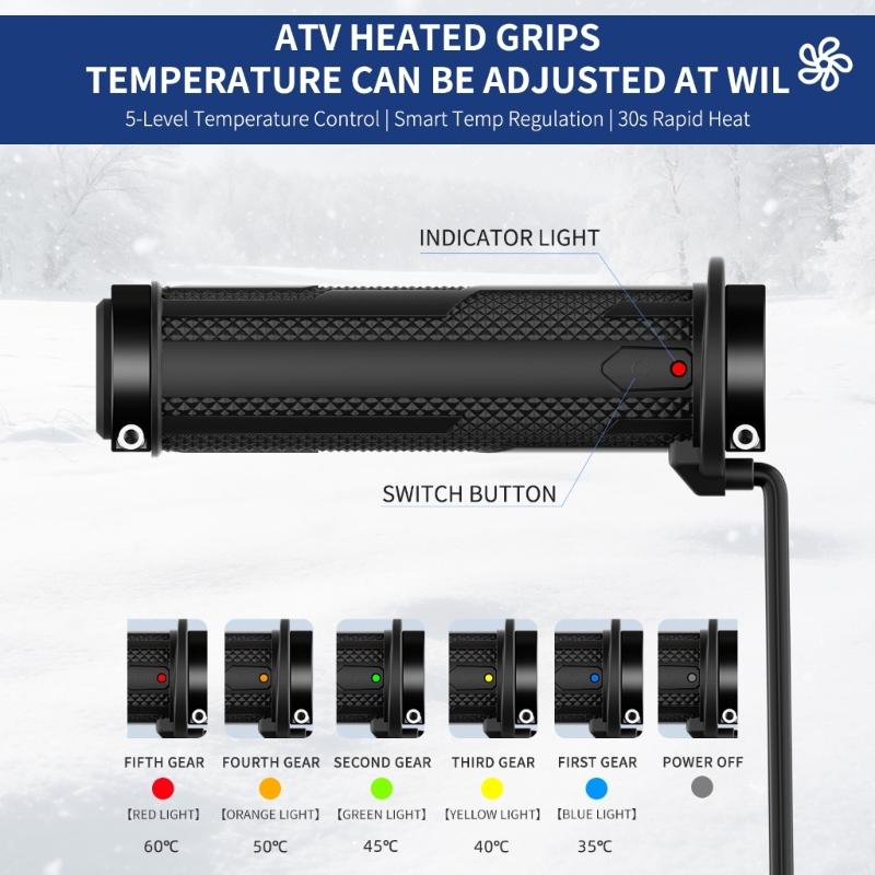 12 V Heated Handlebar Grip Set for Cold-Weather Handlebar Use with 5-Level Control, Previous-Setting Memory, 2-Clamp Structure, and Accessories