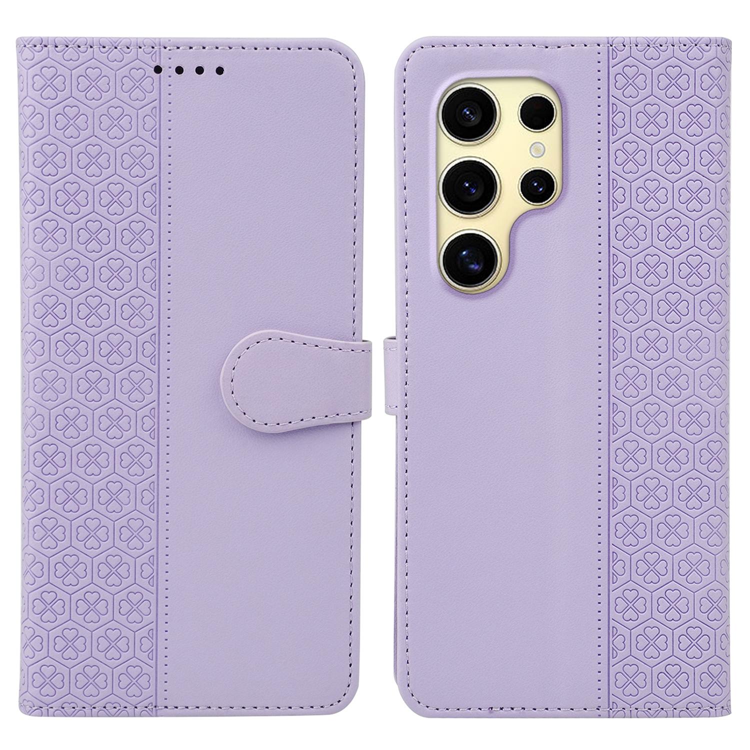 

For Samsung Galaxy S24 Ultra Case Magnetic Clasp Four Leaf Clover Leather Phone Cover Light Purple