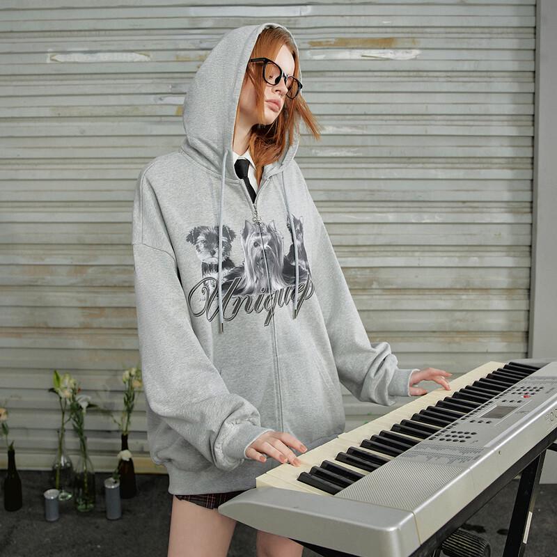 UNIFREE Women's Retro Dog Print Double-Zip Hooded Sweatshirt