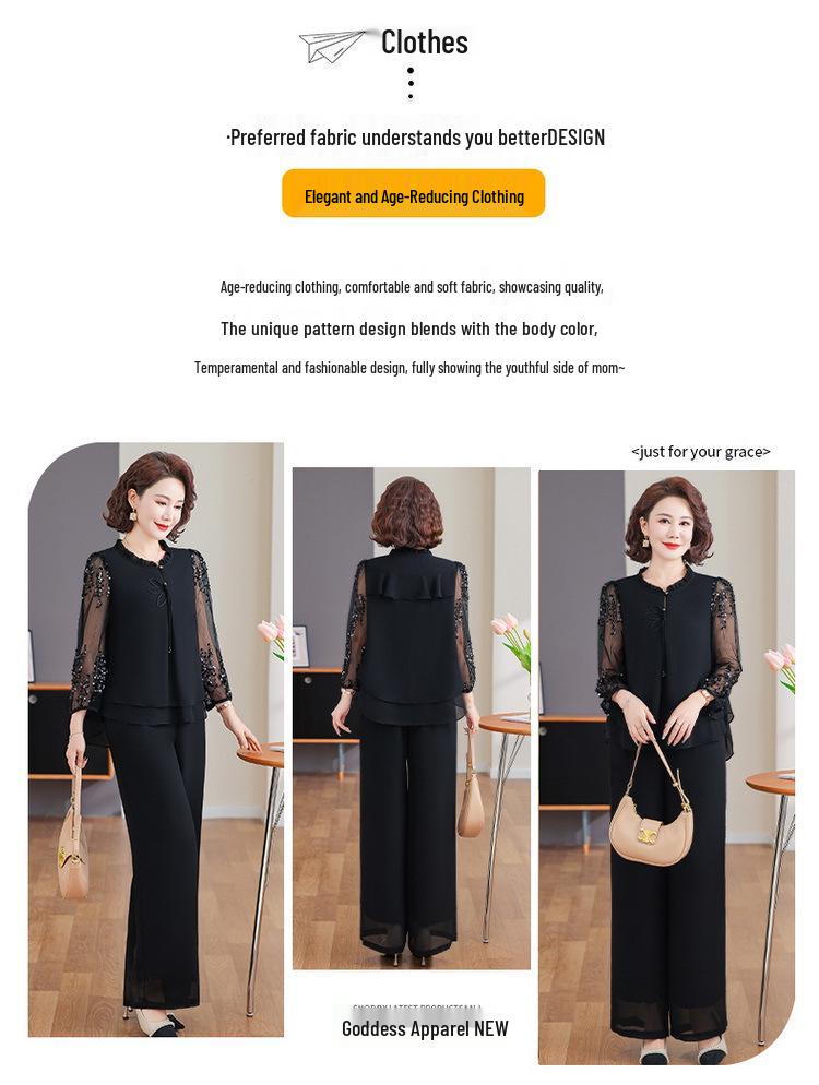 Women's 2025 Stylish Spring Suit: Gauze Sleeve Blouse & Two-Piece Set for Middle-Aged & Elderly