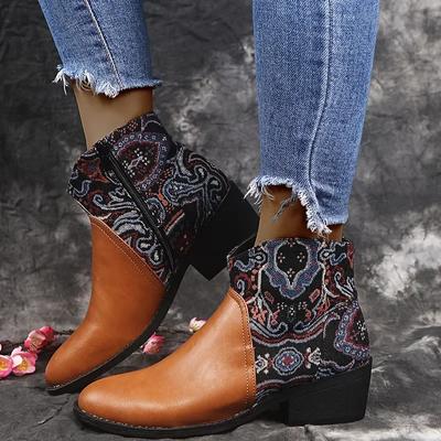 Fashion Women Retro Mid Heels Pointed Casual Ankle Boots Ethnic Autumn Flower Patterned Patchwork Short Boots Botas Mujer Booties Shoes