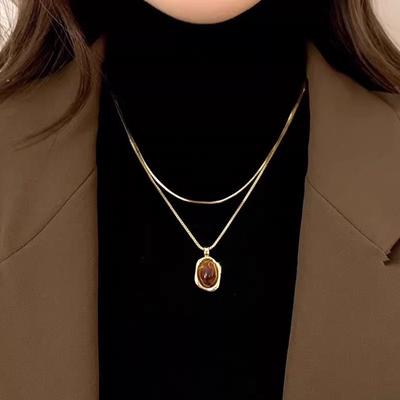 Leather Tiger's Eye Stone Necklace Women's Retro Temperament Sweater Chain Light Luxury Niche Stacked Wear Chinese Clavicle Chain Sweater Accessories