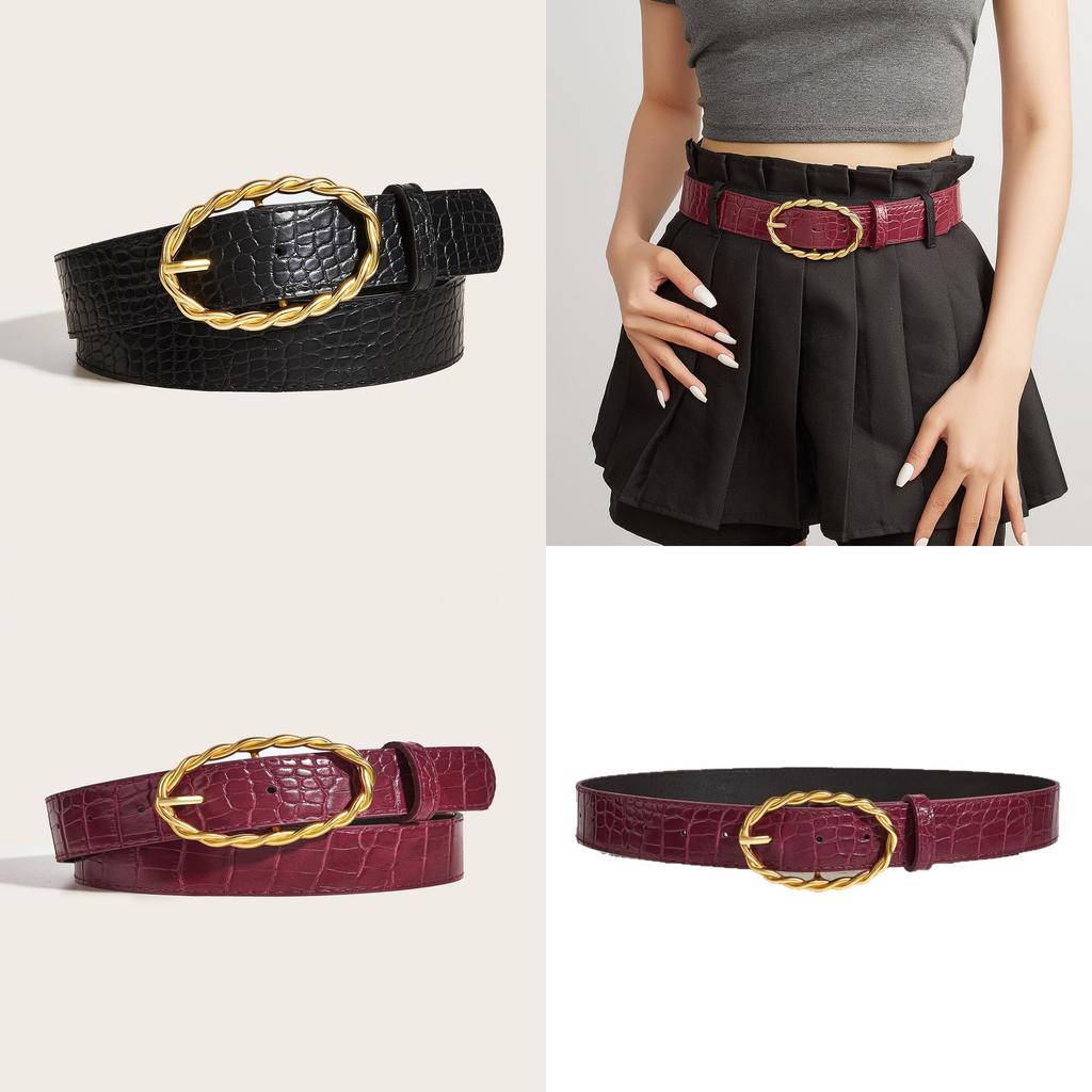 Womens Fashion Stone Grain Pu Leather Belt With Gold Alloy Buckle For Casual Wear Summer