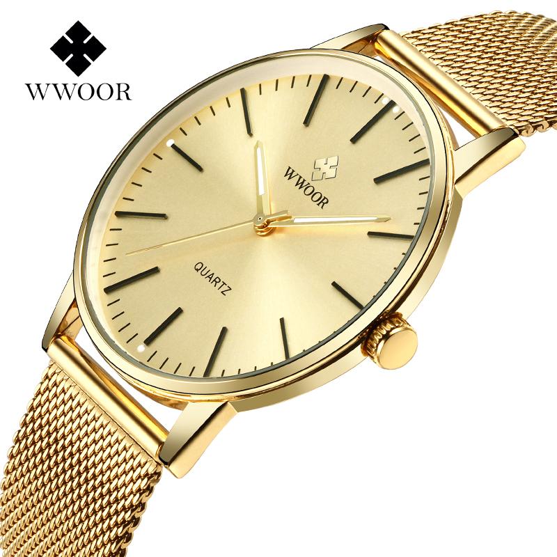 WWOOR Top Brand Gold Mens Watches Ultra Thin Simple Men Quartz Watches Waterproof Mesh Belt Full Stainless Steel Wristwatch