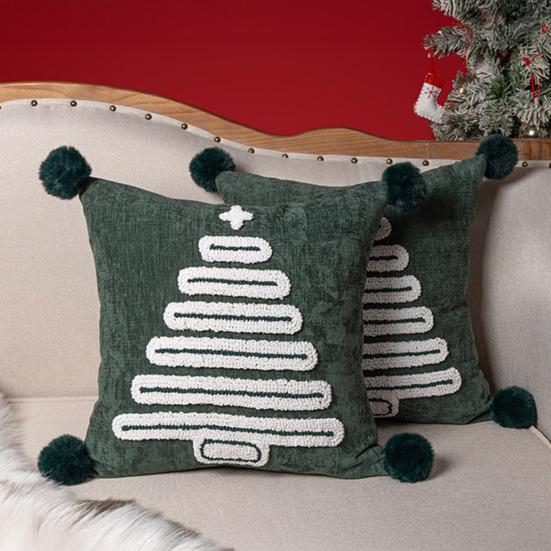 Christmas Tree Pattern Throw Pillowcase with Tassel Hair Ball Decoration Pillow Cover Farmhouse Style Cushion Cover