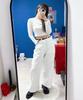 Jikeulib White Curved Cut-Line Wide Cotton Pants