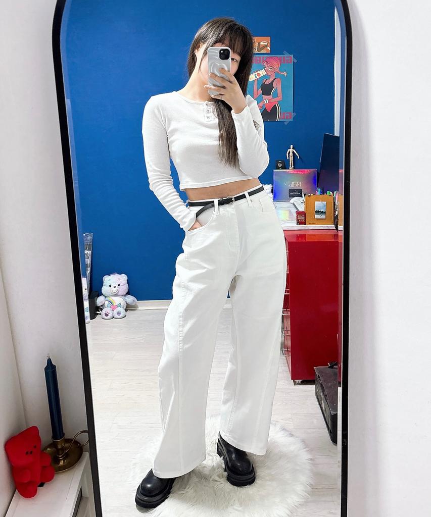 Jikeulib White Curved Cut-Line Wide Cotton Pants