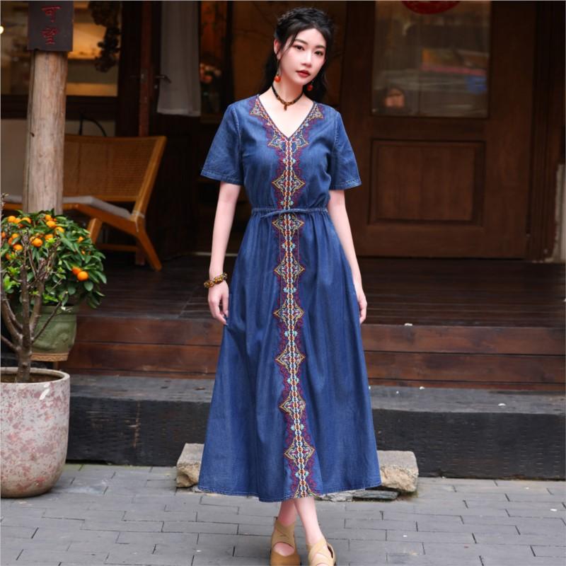 Johnature Frau Frühling Mode Chinesischen Stil V-ausschnitt Kleid Vintage Stickerei Kurze Ärmeln Casual Kleid