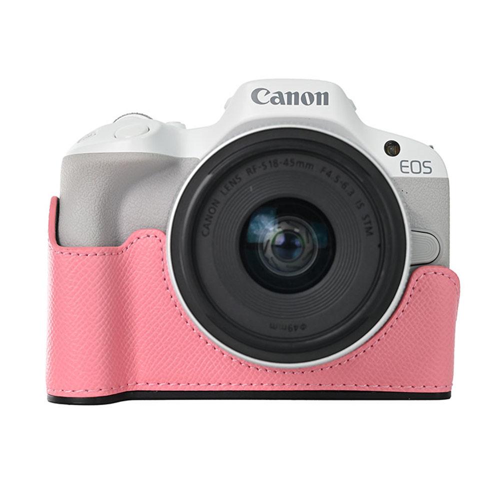 Palm Print PU Leather Camera Half Case for Canon EOS R50 R100 Bottom Opening Shockproof Cover