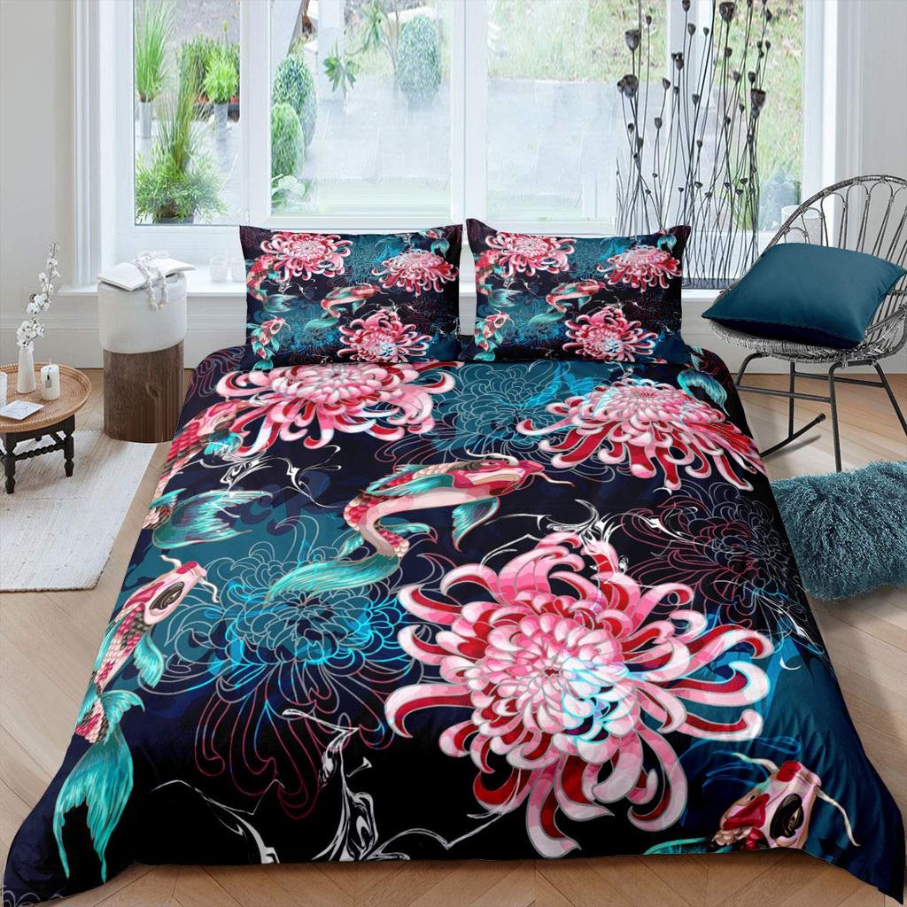 Koi Fish Duvet Cover Set King Queen Size Lucky Fish  Flowers Colourful 3D Print Comforter Cover for Kids Polyester Bedding Set