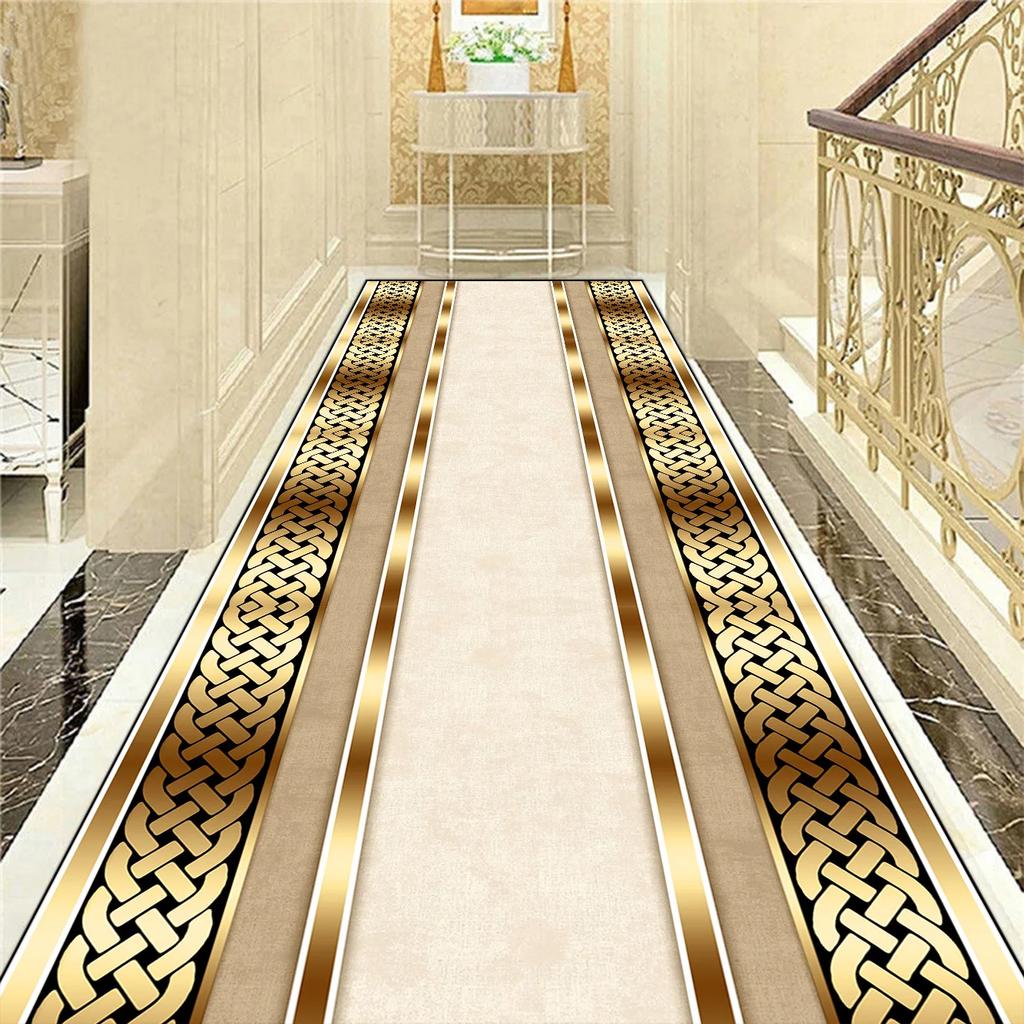 Golden Luxury Long Corridor Carpet Nordic Style Villa Hallway Carpet Non-slip Washable Lobby Aisle Rug Customizable Runner Mat