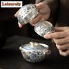 Gilt Silver Twining Lotus Travel Tea Set Kit Zen 1 Pot 2 Cups Tea Brewing Organizer Portable Picnic Tote Bag White Porcelain Set