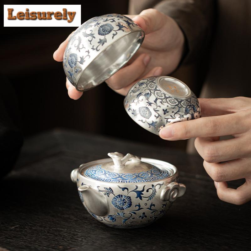 Gilt Silver Twining Lotus Travel Tea Set Kit Zen 1 Pot 2 Cups Tea Brewing Organizer Portable Picnic Tote Bag White Porcelain Set