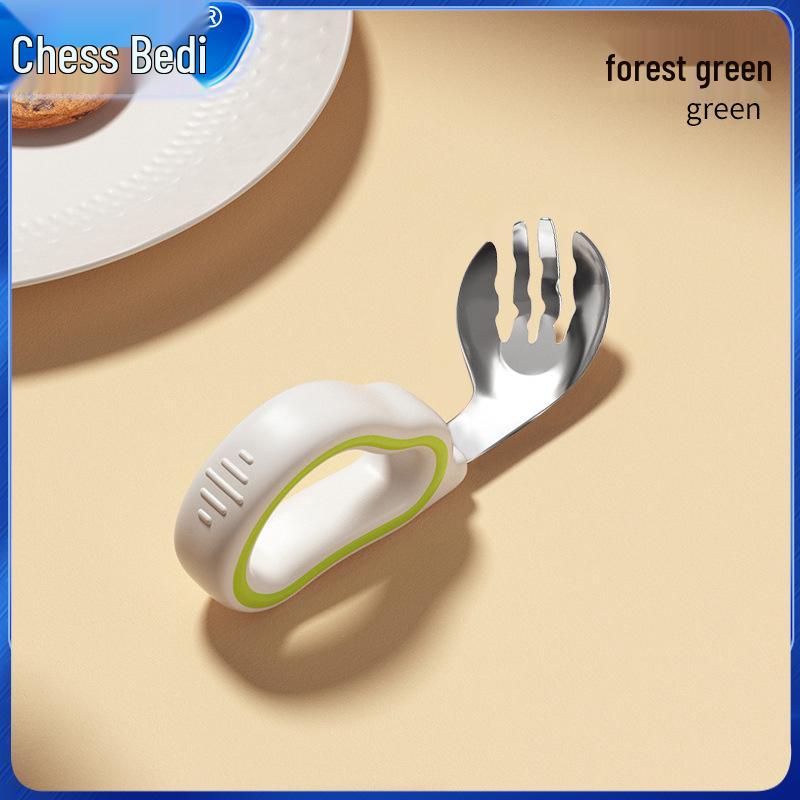 Infant Training Silicone Spoon & Fork Set - Stainless Steel, Short Handle, Bent Head for Learning To Eat