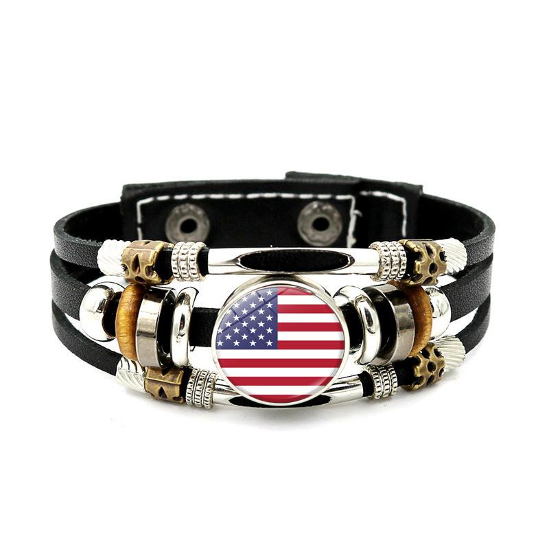 Factory National Country Flag Design Bracelet Crystal Bead Snap Button Sports National Team Jewelry Gift Leather Wrap Bracelet