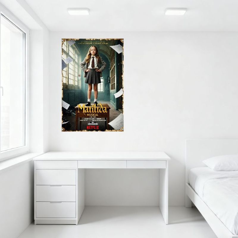 Matilda Musical Netflix Vintage School Hallway Tin Sign,Young Girl On Desk Paper Floating,Most Magical Musical Decade,Home Decor