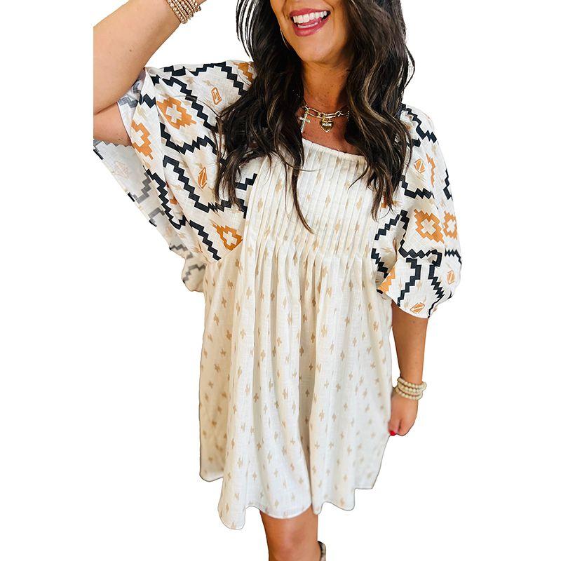 

American Shiying Geometric Pattern Short Sleeve Dress Women 2025 Spring & Fall New Arrival Square Collar Half Sleeve Knee-Length Skirt Apricot P1520 Size S fit (45.00 kg-55.00 kg