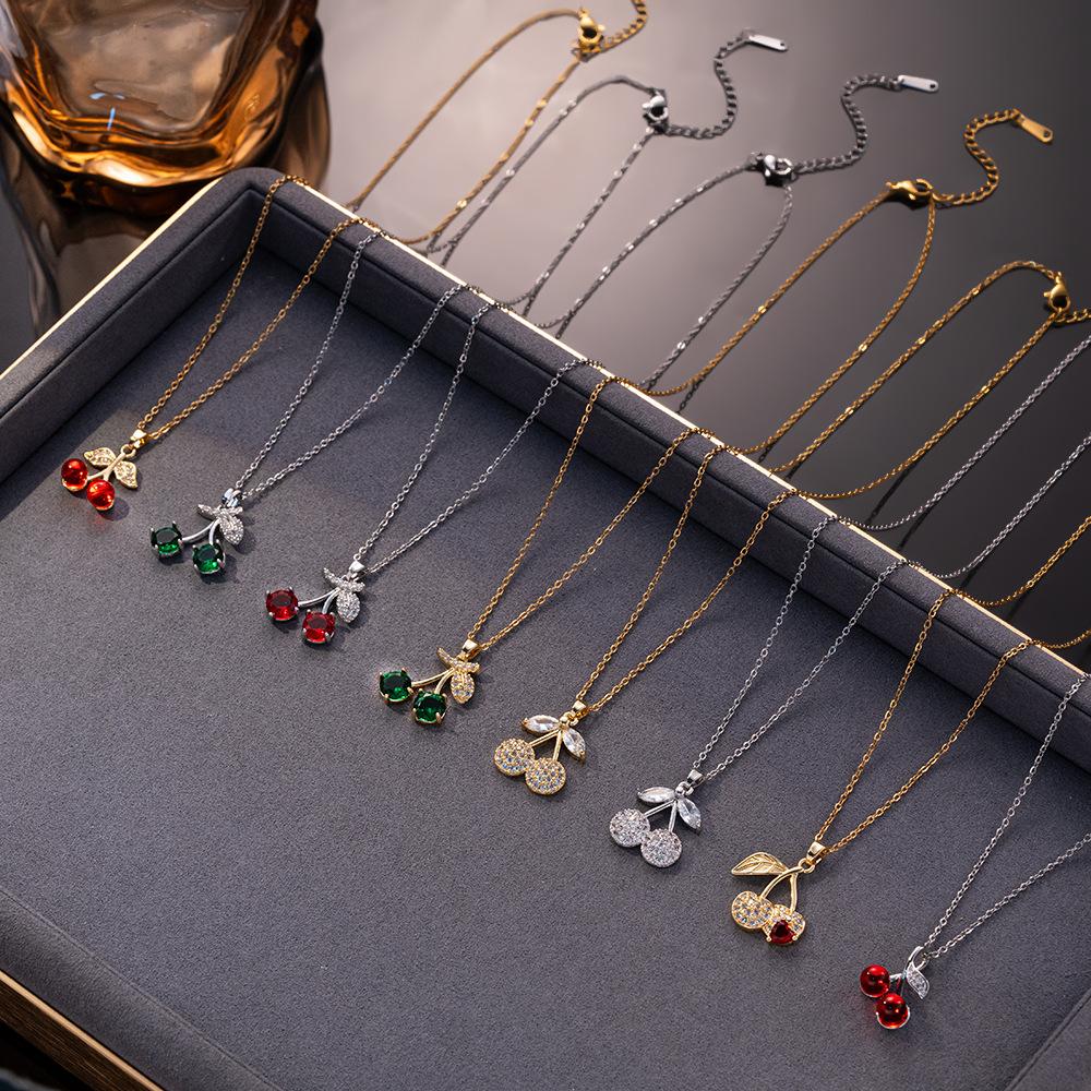Shiny Cute Zircon Cherry Pendant Necklaces for Women Girls Stainless Steel Chain Kpop Sweet Collar Jewelry Accessories Gifts