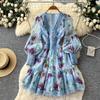 French Floral Long-sleeved V-neck Waist Slim-fitting Dress for Women, Thin, High-end Temperament, Elegant A-shaped Dress
