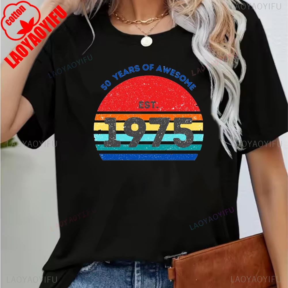 Vintage 1975 Funny 50Th Birthday Gifts 50 Years Old Retro Print T-Shirt Short Sleeve Crew Neck Casual Top for Summer & Spring