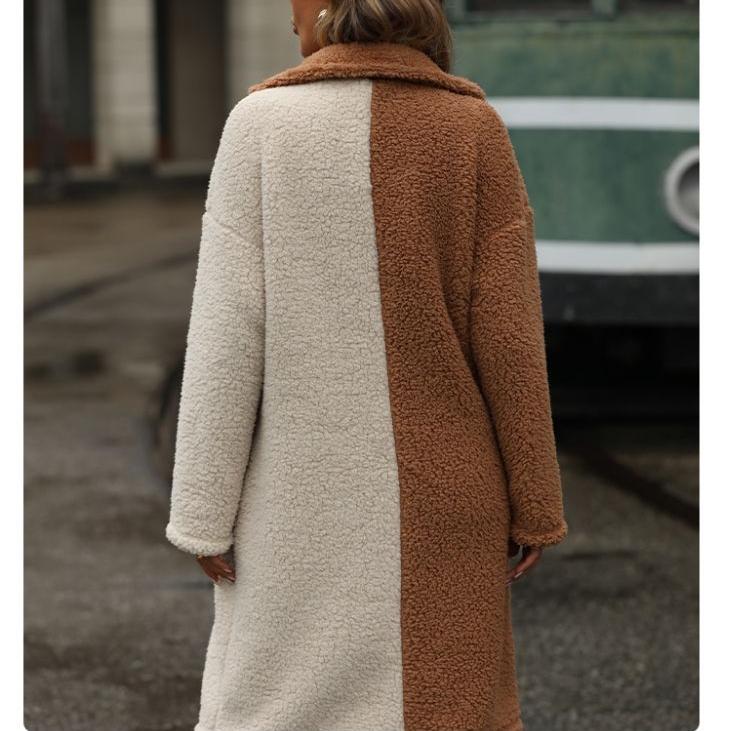 QICED Fashion Autumn and Winter Women's Jacket Features A Long-sleeved, Color-blocking Style with A Suit Collar and Bubble Fleece Casual Coat