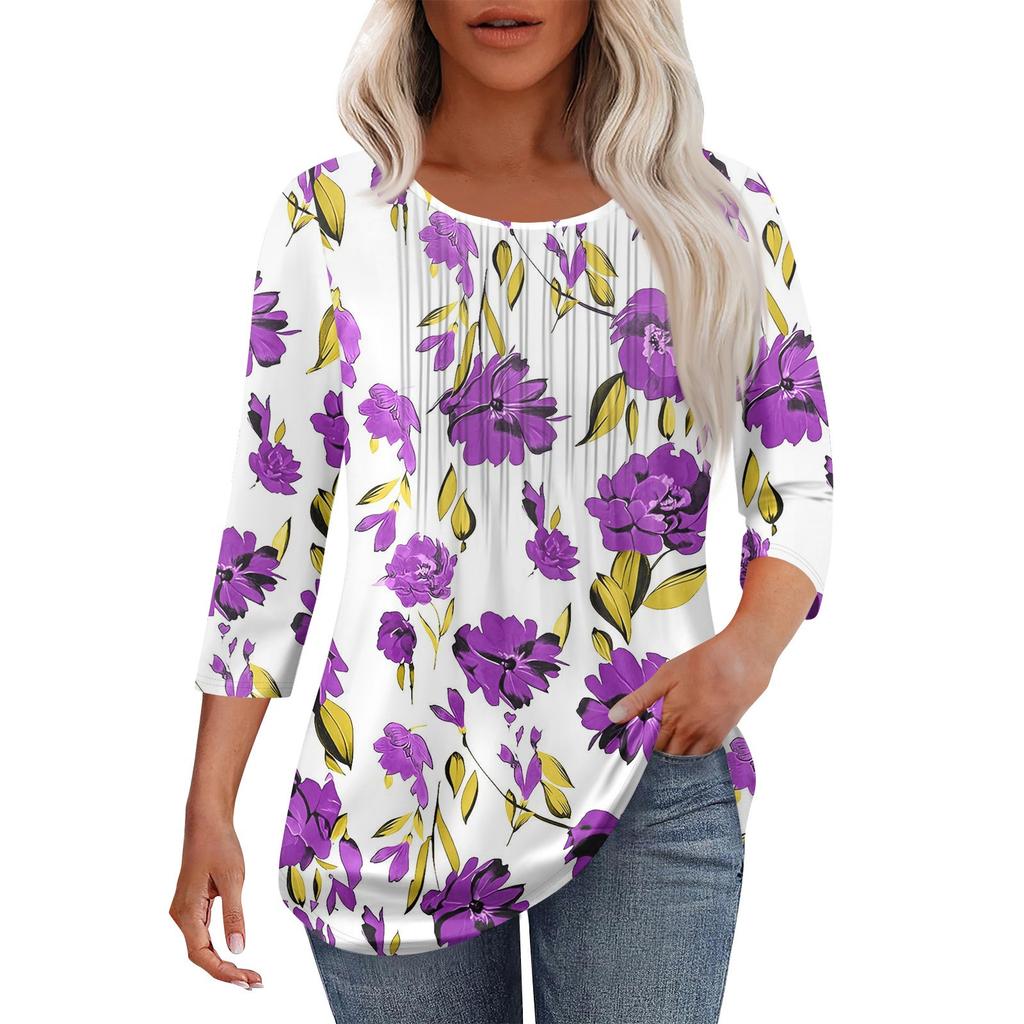 Women's Fashionable Casual Pleated Round Neck Casual Floral Print Seven Quarter Sleeved T-shirt Top