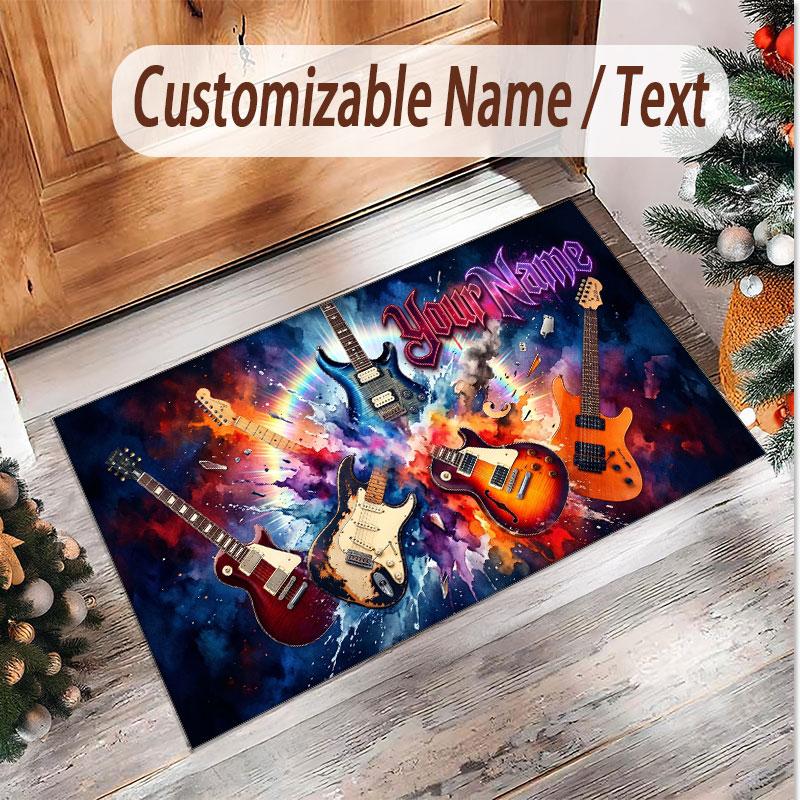 Music Guitar Theme Soft Crystal Velvet Rug Custom Name & Text Print Non Slip Floor Rug for Bedroom Living Room