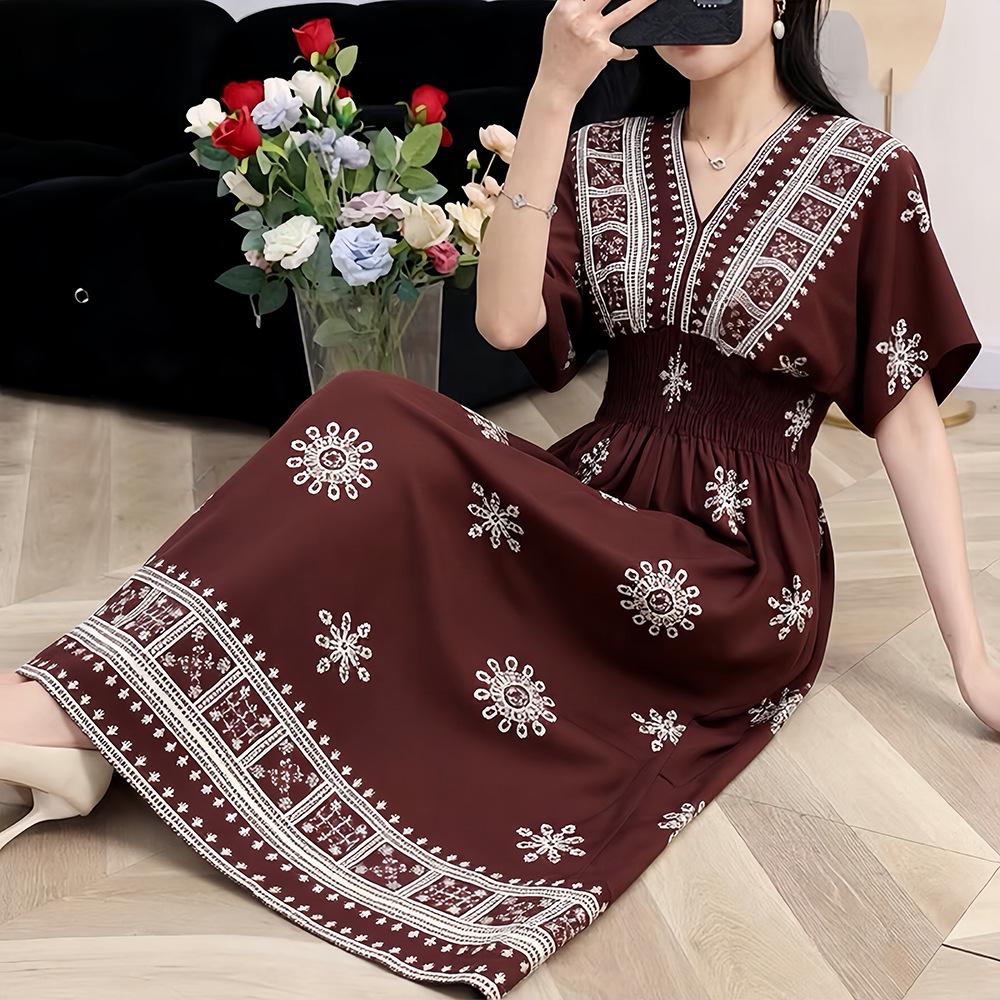 Vestido de Vacaciones con Estampado Franco-Tailandés, Cuello en V Étnico, Manga Corta de Rayón, para Mujer, 25º Aniversario