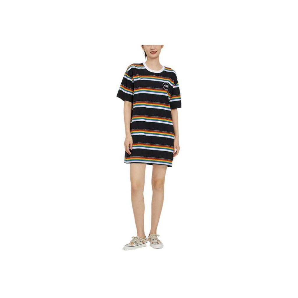Vans Logo Print Color Block Striped Round Neck Short Sleeve Dress Women Dresses Black VN0A7RKOBLK