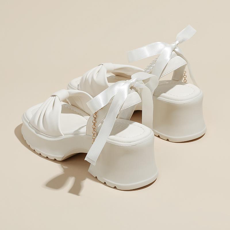 Platform sandals women's 2025 new summer not tired feet daughter gold wind pearl bow high heel soft sole Roman shoes