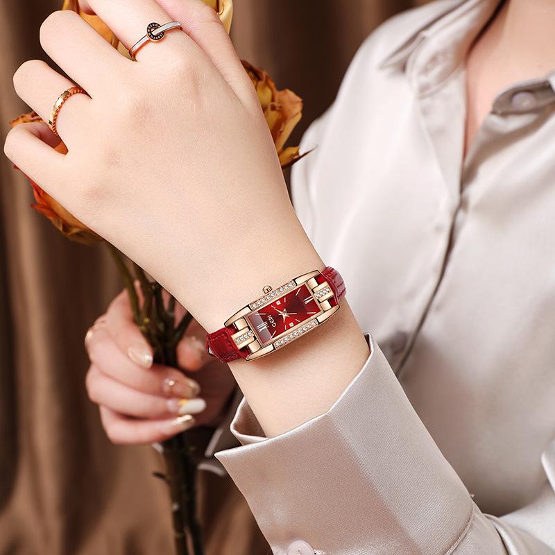 Light Luxury brand Starry Sky Ladies Watch red Leather fashionable and Versatile Square Waterproof Women's Quartz Wristwatches