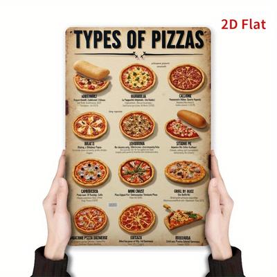 Vintage Pizza Types Metal Sign - Retro Iron Wall Art Decor 8x12 Inch, Rustic Home Bar Cafe Garden Sign with Pizza Illustrations