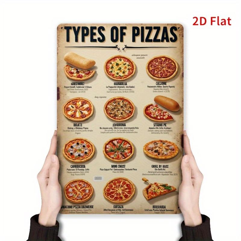 Vintage Pizza Types Metal Sign - Retro Iron Wall Art Decor 8x12 Inch, Rustic Home Bar Cafe Garden Sign with Pizza Illustrations