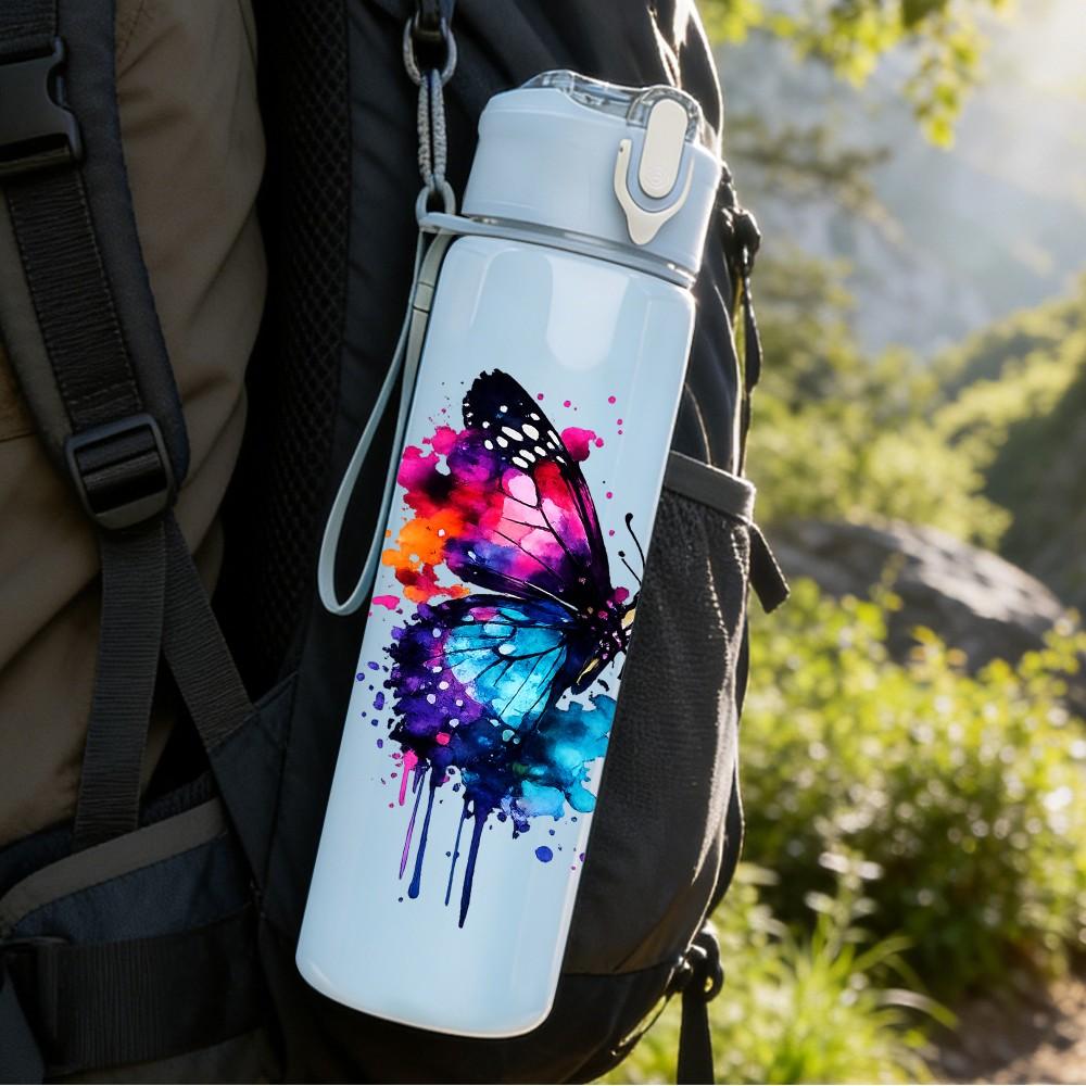 1PC Vibrant Watercolor Butterfly Art Print 750ml Color Plastic Sports Water Bottle Leakproof Flip Straw Lid Suitable for Sports Office Home Use