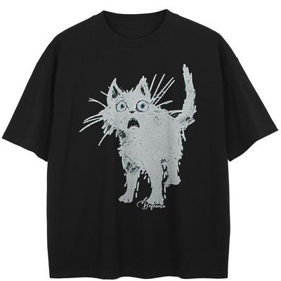 Streetwear Panik Katze Grafik T-Shirt Baumwoll-T-Shirt Unisex Oberteile Tees Sommer Kurzarm T-Shirt