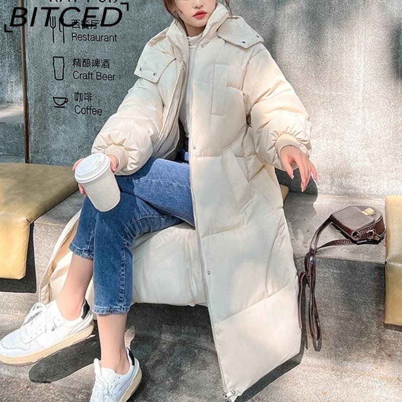 BITCED Women's Long Winter Coat - Knee-Length, Loose-Fit Down Jacket, Thickened Cotton-Padded Coat