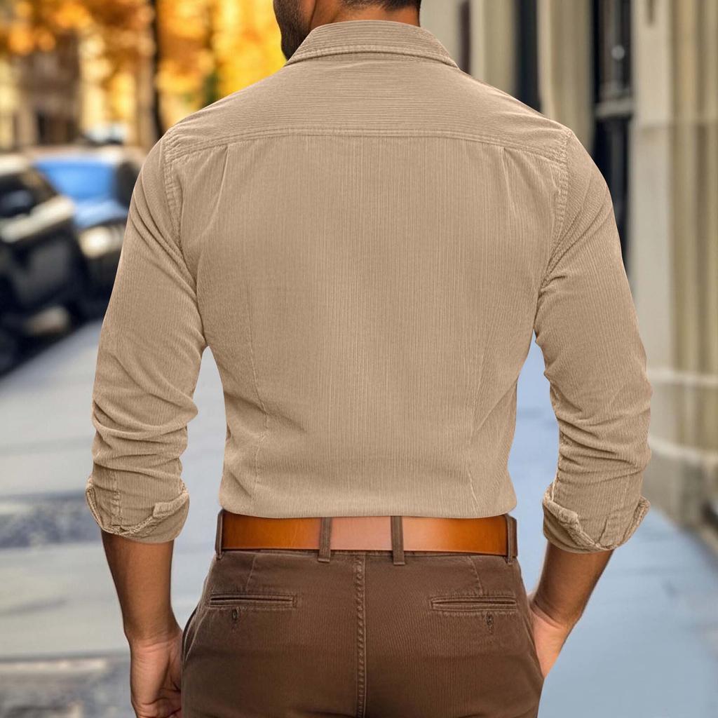 Men Corduroy Long Sleeve Shirt with Button Down Front and Dual Chest Pockets Casual Fit Classic Collar Design