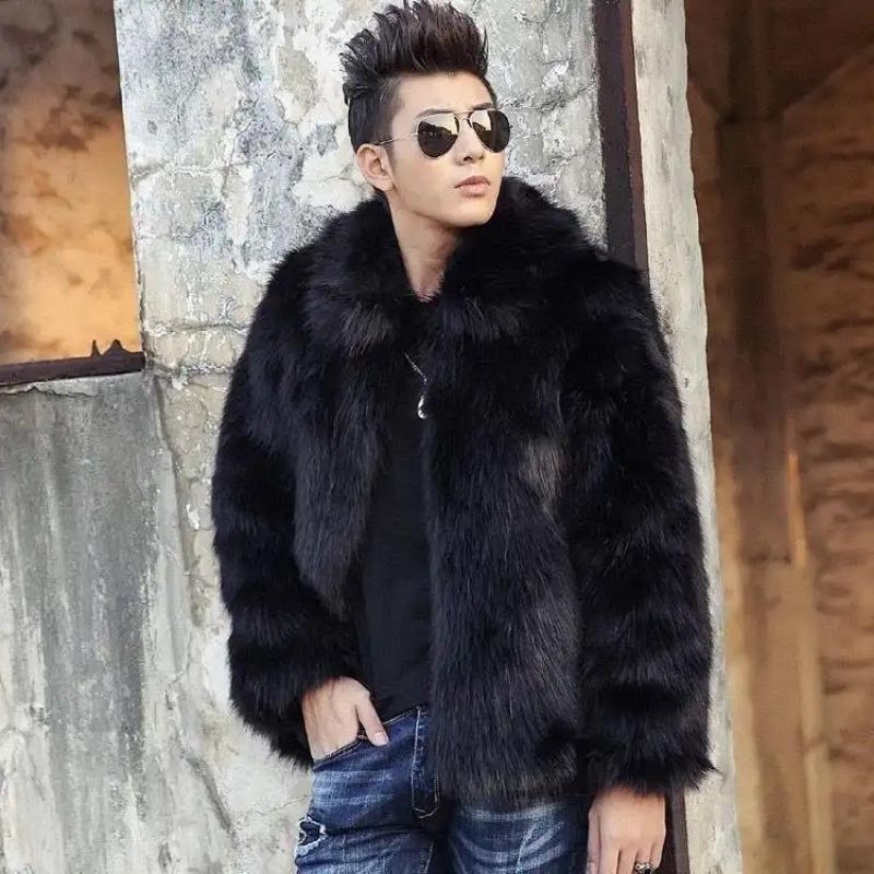 Herren Kurzmantel aus braunem Kunstfell Revers Warme Winterjacke Lässige Streetwear Wärme