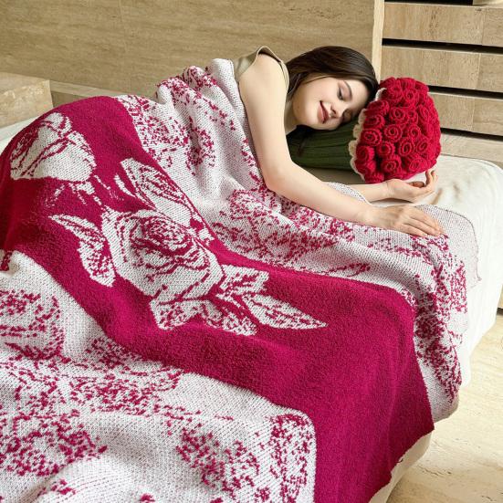 Rose Bouquet Pillow 2-in-1 Decorative Knitted Throw Pillow Blanket Machine Washable Bouquet Cushion for Couch Sofa Bed Anniversary Gift