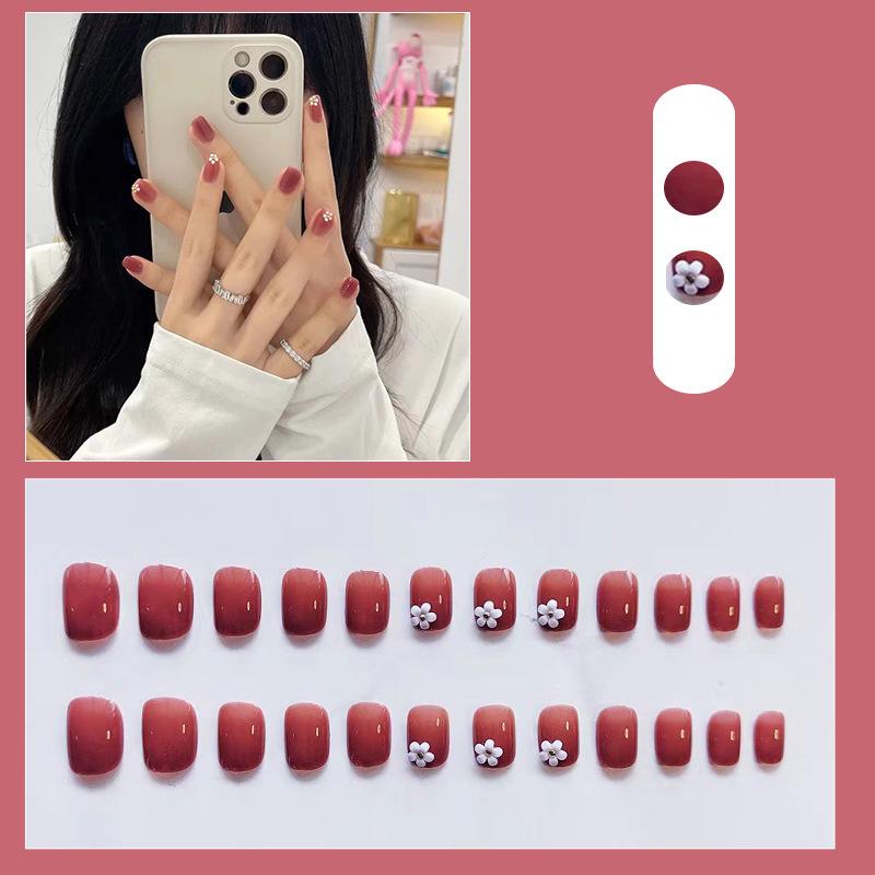 

24-Piece Box: Short Red Grapefruit Floral Press-On Removable Fake Nails