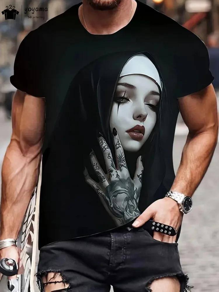 Men's  with Smoking Nun 3D Graphic T-Shirt Black Casual Summer Tee Short Sleeves Polyester  Streetwear T-Shirts Vintage Clothing
