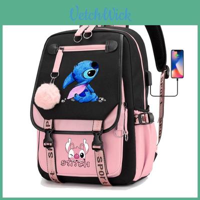 Mochila Cartoon do Stitch Para Meninos Meninas Com Porta de Carregamento USB