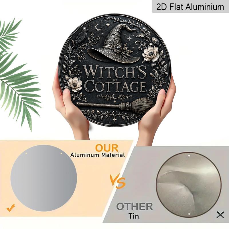 2D Flat, 1pc Round Aluminum Hanging Sign, Vintage Embossed Effect Flat Metal Plaque, Witch Hat, Raven, Broom & Floral Print, Dark Gothic Wall Decor