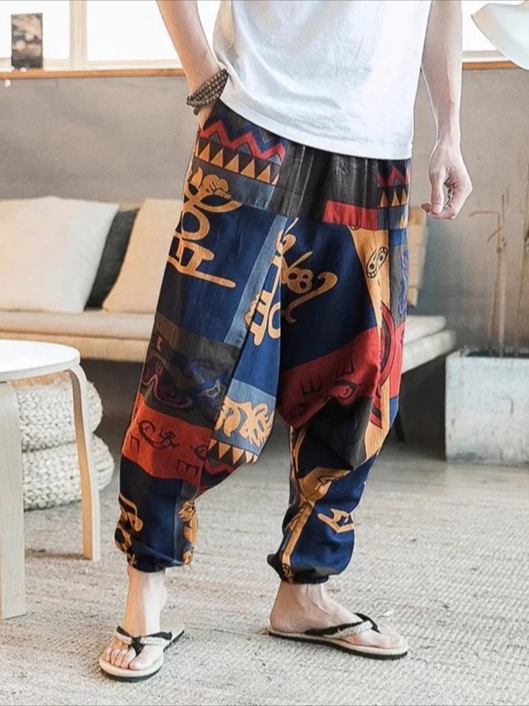 Ethnic Style Men's Polyester Casual Pants with Vintage Patterns Relaxed Fit Elastic Waistband Ankle-Cuff Design Comfortable Pants for All Seasons