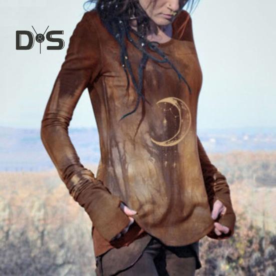 Damer Topper Rund Hals Langermet Månetrykt Skjorte Slim Fit Middels Lengde Elastisk T-skjorte Hverdagsklær