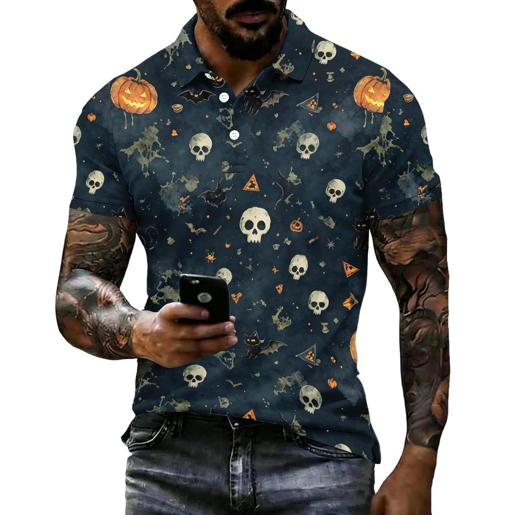 Men's Halloween Printed Short Sleeve Polo Shirt Loose Fit Casual Summer Daily Wear Button Down Collar Top