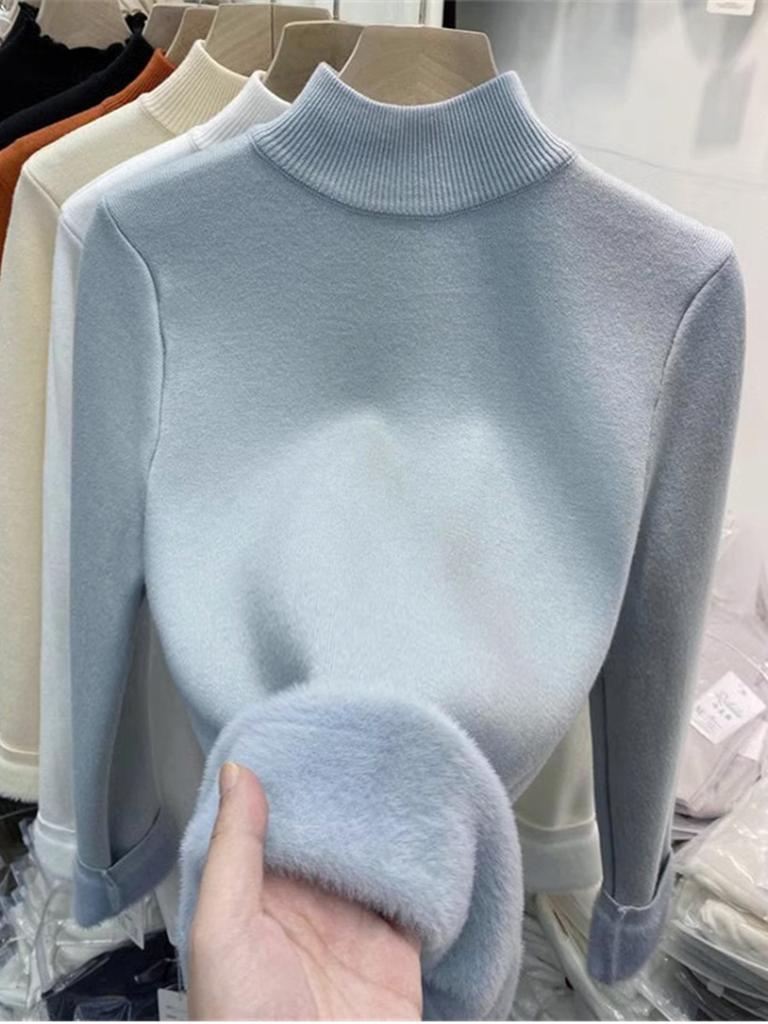 High-end Small Stand-up Collar Stacked To Wear an Integrated Fleece Sweater for Women's Autumn and Winter Basic Milk Ruffle Bottomed Knitted 